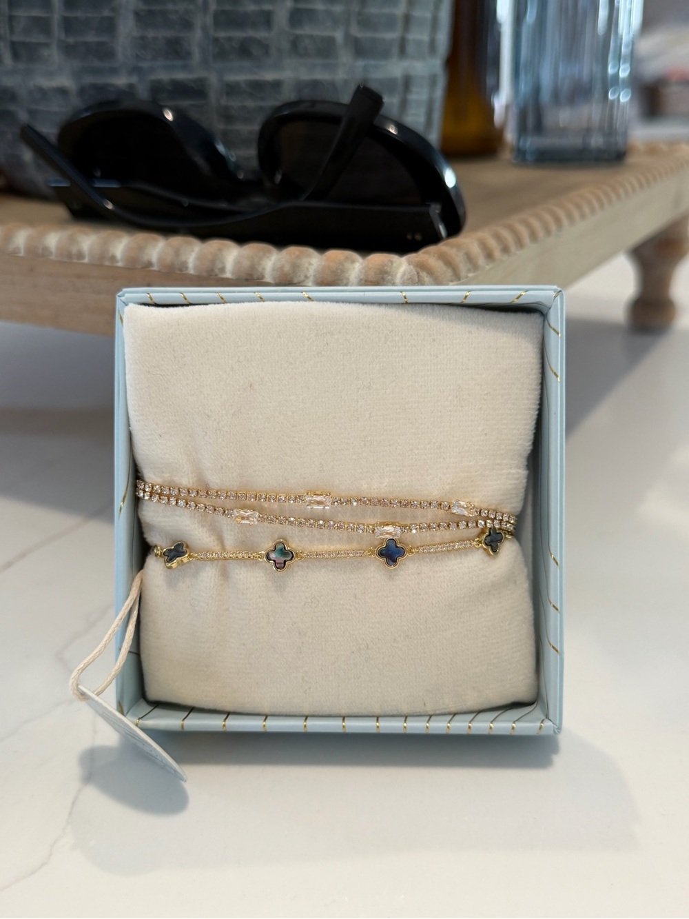eye candy double Gold-Tone Layered Bracelet Set with Blue Clover Charms